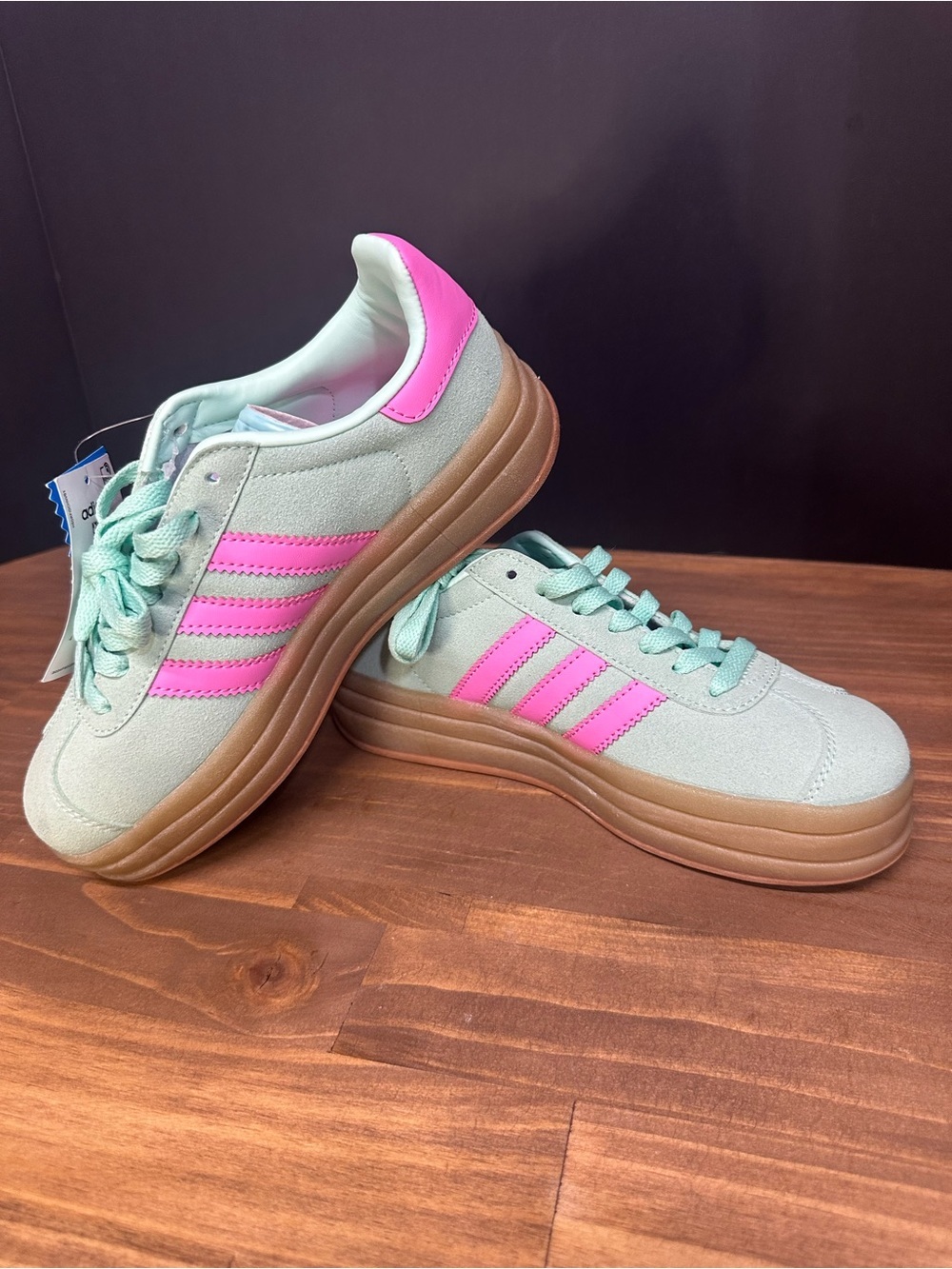 Adidas Gazelle Mint Green and Pink Suede Platform Sneakers - Picture 5 of 7